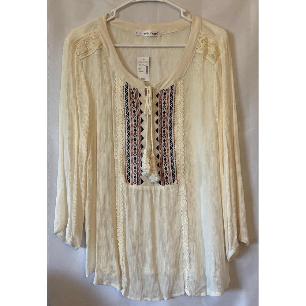 Maurices NWT Boho Peasant Blouse Size 1 (XL) 100% Rayon Embroidered Cottagecore